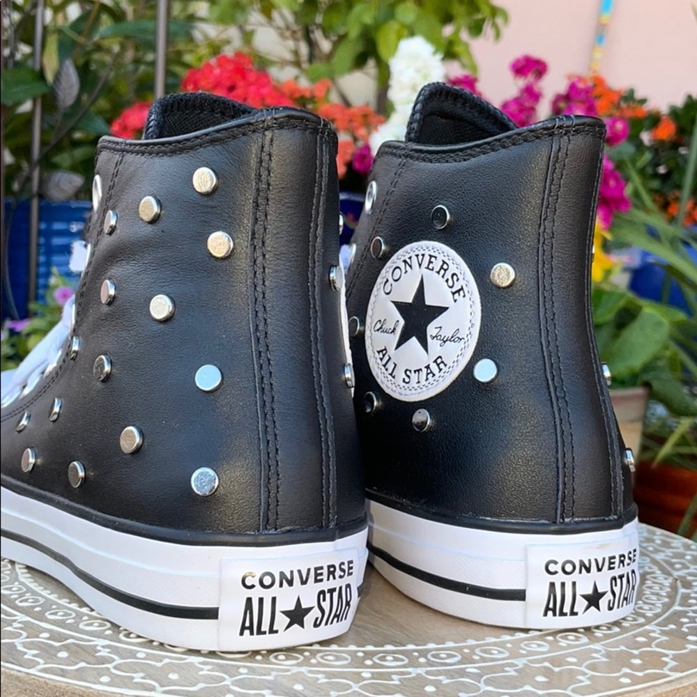 Leather & Silver Studded Converse Hi Tops Sz 7 - Picture 7 of 16